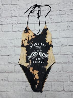 Good Times Tie-Dye Halter One-Piece Swimsuit Bikini - Black & Cream Sz XS